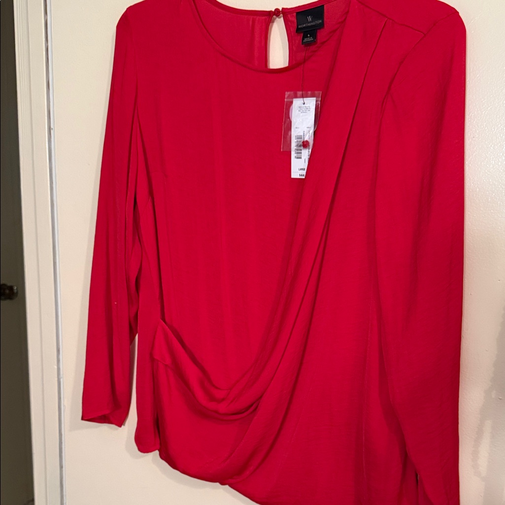 Worthington Bright Red Draped Long-Sleeve Blouse